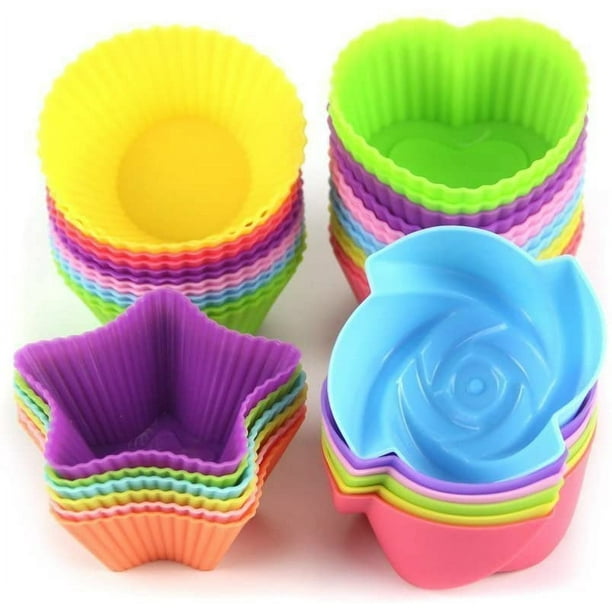 Revestimiento de silicona para cupcakes Tazas para hornear reutilizables Antiadherente Fácil de limpiar Moldes para magdalenas de repostería 4 formas Círculo, estrella, corazón, flor, 24 colores Vhermosa WMZL-184