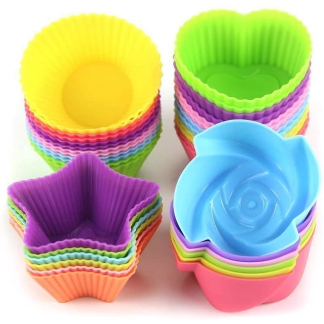 Revestimiento de silicona para cupcakes Tazas para hornear reutilizables Antiadherente Fácil de limpiar Moldes para magdalenas de repostería 4 formas Círculo, estrella, corazón, flor, 24 colores Vhermosa WMZL-184
