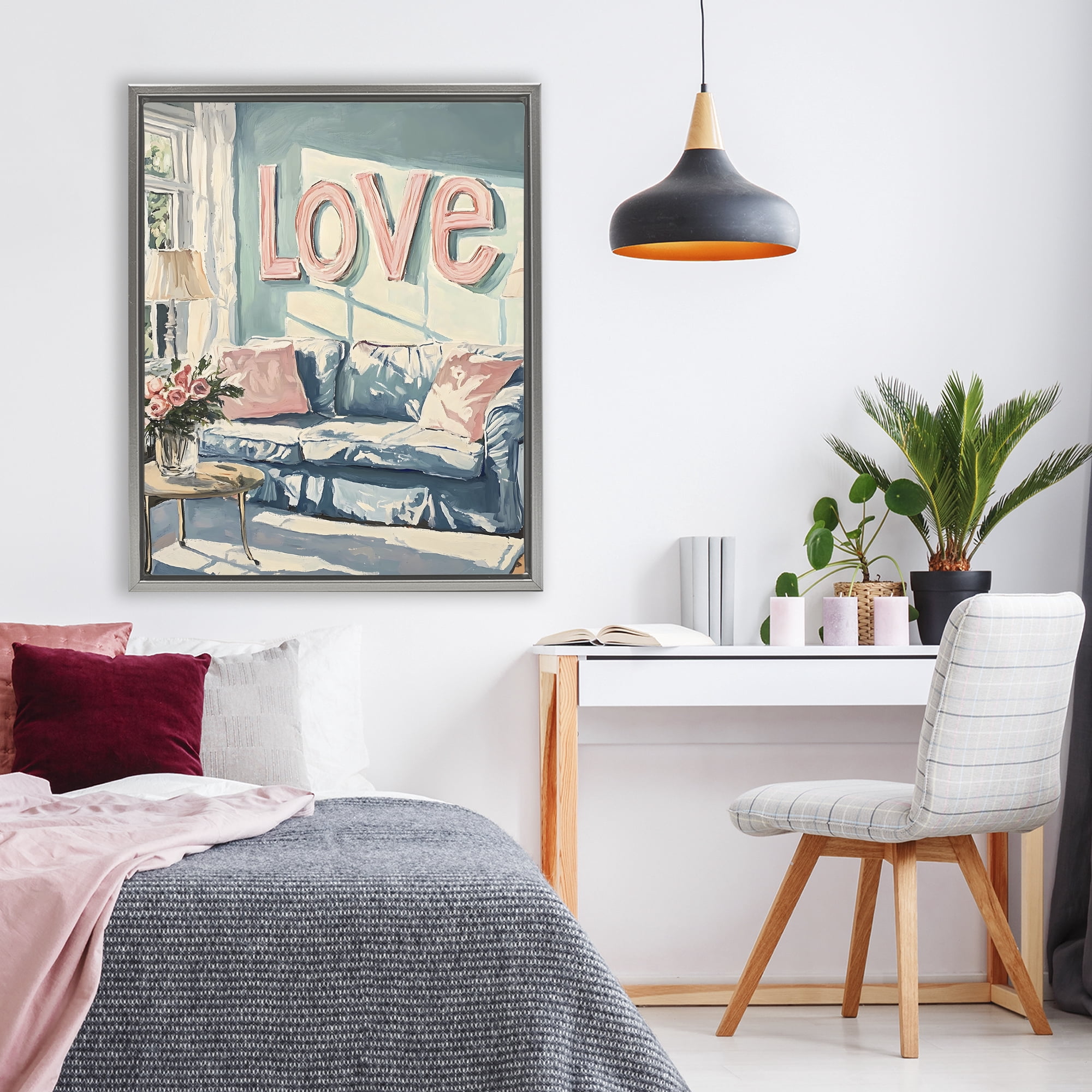 Stupell Industries Love Letters Above Cozy Couch Gray Framed Floater Canvas Wall Art, design by The Prints Vibe