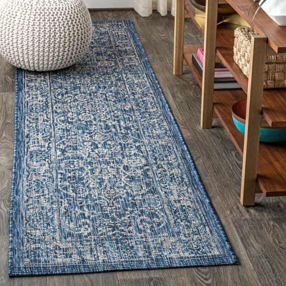 JONATHAN Y SANTA MONICA 2 x 10 Runner Rug, Tela Bohemian Textured Weave Floral - Navy/Gray, SMB100B-210