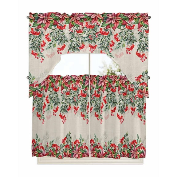 Red Christmas Kitchen Curtains Swag Valance and Tier Curtains Set 36 Inch Length, Poinsettia Berry Xmas Botanical Rustic Rod Pocket Drape Panels Pair Swag Curtains for Bathroom/Cafe/Window