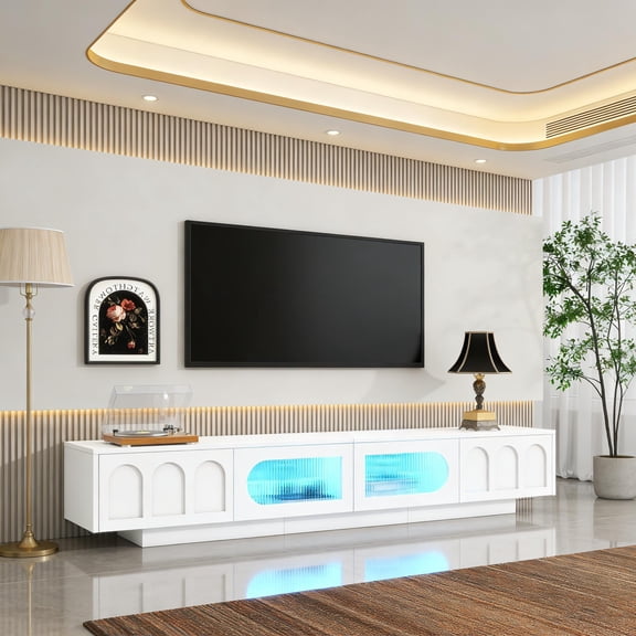 Modern White TV Cabinet with Fluted Tempered Glass Doors, Arched Front Panels, Integrated APP-Controlled LED Lights, Media Console for TVs Up to 95 Inches
