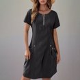 thumbnail image 3 of Tshirt Dress Women Cotton Linen Short Sleeve Crewneck Quarter Zip Midi Dress Casual Summer Dress with Pockets, 3 of 5