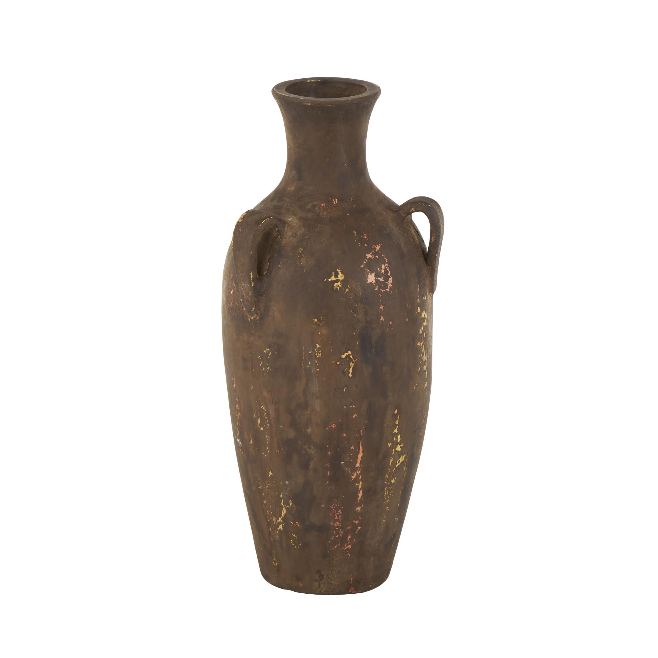 DecMode 24" Antique Style Distressed Dark Brown Ceramic Vase with Handles