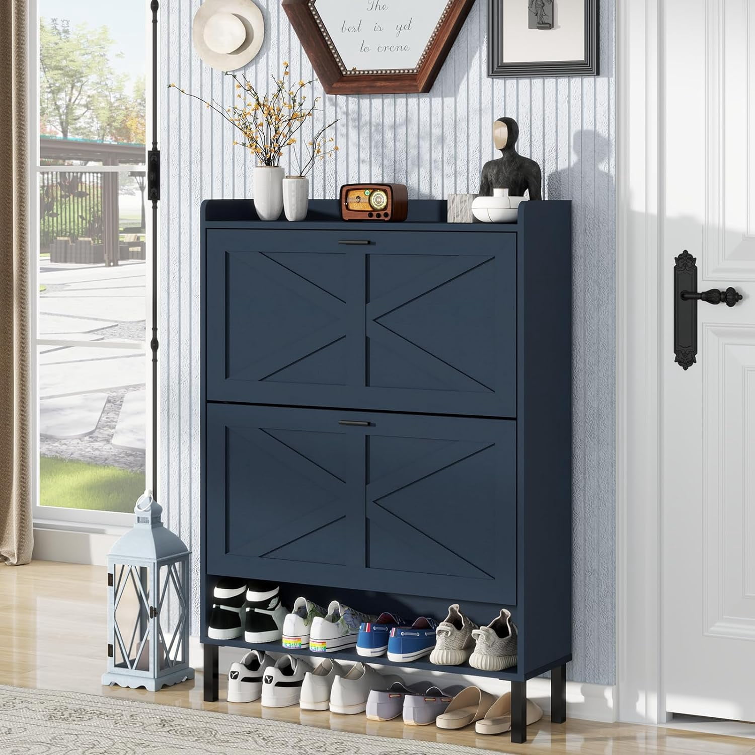 Vinform Shoe Storage Cabinet with 2 Flip Drawers for Entryway, Farmhouse Wood Shoe Cabinet, Freestanding Narrow Shoe Rack Organizer with Metal Legs for Hallway Living Room (Blue)