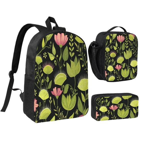 Luxurious Floral Pattern Backpack 17 Inch Set with Lunch Bag and CaseDurableTravel Bag Combo for Work Commuting Daily Use