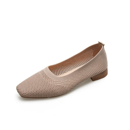 

Square toe single-layer shoes for women spring and summer new soft bottom breathable slip-on knitted mid heel breathable flying woven peas shoes