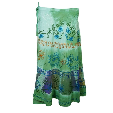 - Mogul Womens Beach Cover Up Wrap Skirt Indian Tie Dye Green Floral Embroidered Skirts