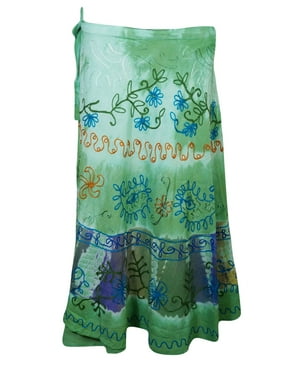 Mogul Womens Beach Cover Up Wrap Skirt Indian Tie Dye Green Floral Embroidered Skirts