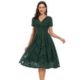 thumbnail image 2 of Green Dresses for Women Solid Color Short Sleeve Lace Dress V-Neck Slim Fit Vintage Cocktail Formal Prom Dress Midi Retro Elegant A-Line Blouse Waisted Pleated Swing Hem Dress,M, 2 of 6