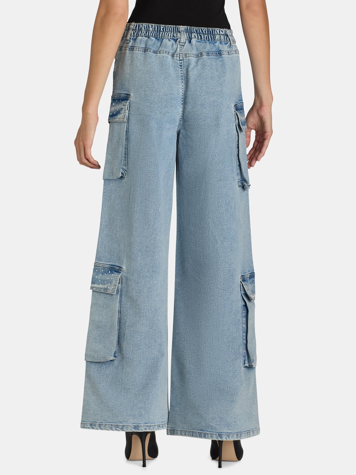 【SATIIIZ】Eton Wide Cargo Denim Pants Madden NYC Women's Wide Leg Cargo Jeans with Rhinestone