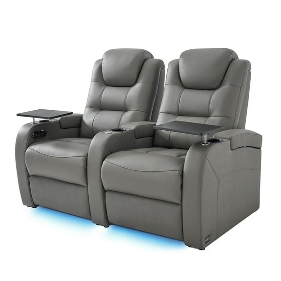 comfiroom Top Grain Leather Home Theater Seating Seats, Simple Style Dual Power Gaming Sofa Top Grain Leather Movie Theater Chairs Theater Recliner Sofa with Type-C USB Charger (Grey, Row of 2)