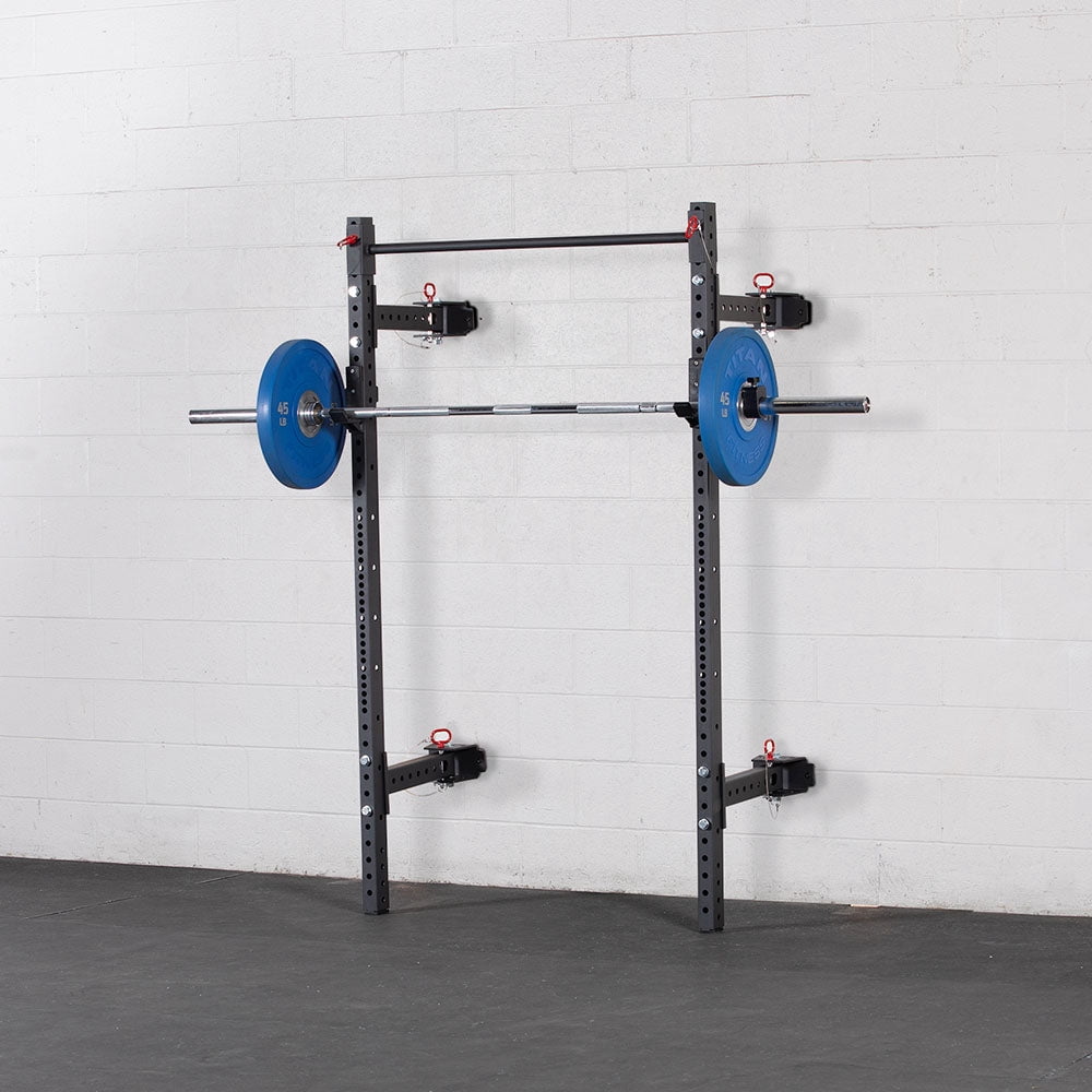 Titan Fitness T-3 Series Wall Mounted Folding Power Rack, 91" Height x 21" Depth, Compact Space-Saving Rack, 2x3 11-Gauge Steel Uprights, Includes J-Hooks & Pull-Up Bar