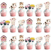 Hotop 48 Pcs Floral Pink Cute Girl Farm Animal Birthday Cupcake Toppers Picks Barnyard Birthday Party Supplies for Girls Farm Animal Theme Baby Shower Party