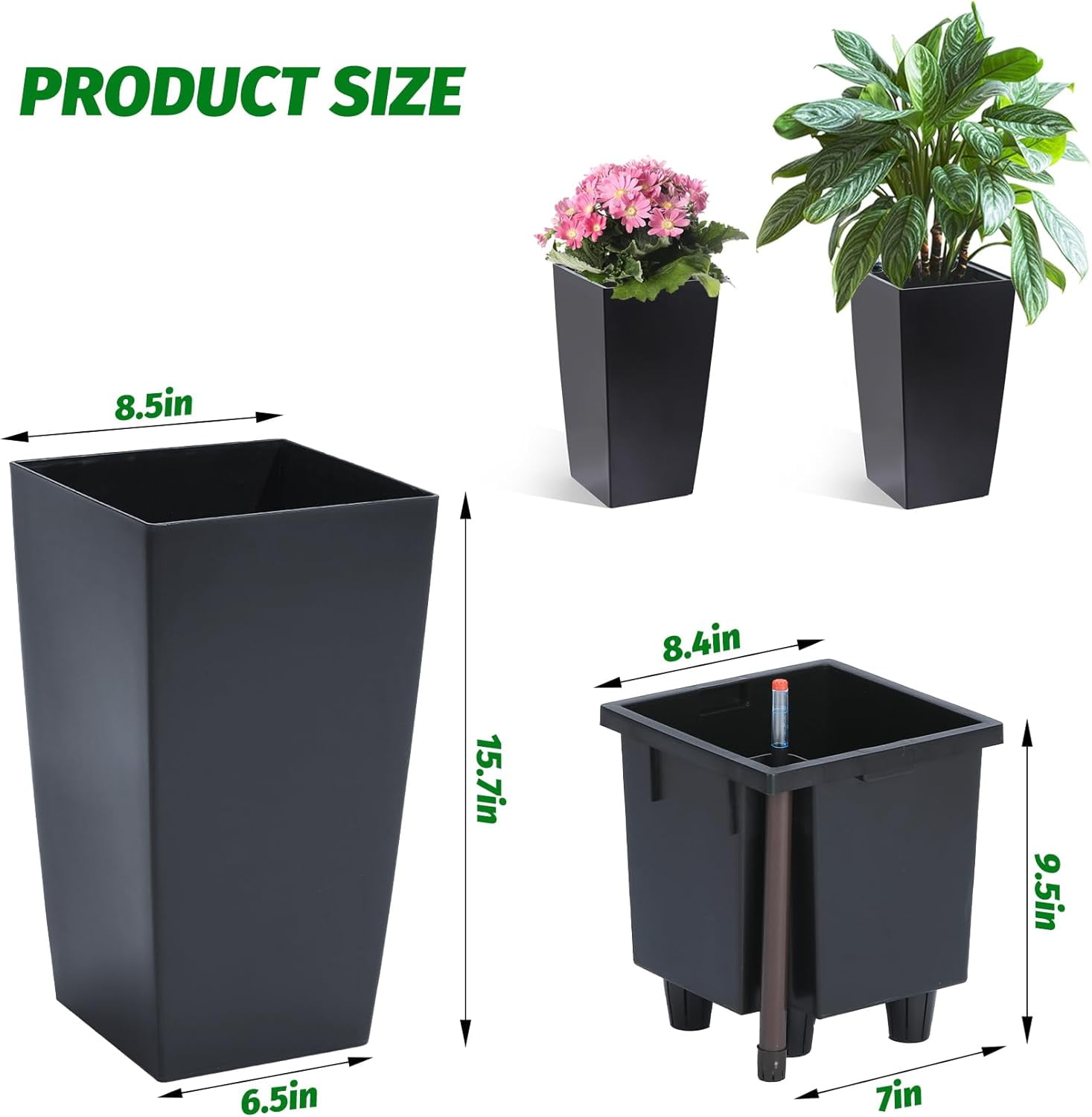 Rectangular Planters Set of 2 Large Modern Plant Pots with Drainage Holes＆Water Level Monitor＆Wheels Outdoor and Indoor for Patio, Porch, Living Room, or Home Office