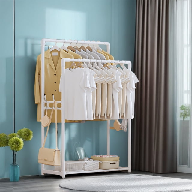 4ft Double Pole Clothes Hanger Dual Hanging Rods Large Storage Garment Rack Mobile Clothing Organizer Bedroom Living Room Clothing Store Pants Scarf Shoe Box Bottom Storage Rack