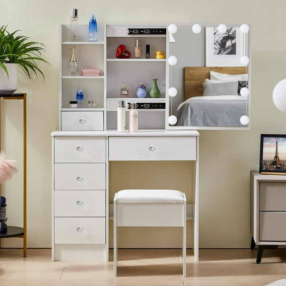 JBLCC Modern Makeup Vanity Desk w/ Led Lighted Mirror, Crystal Ball Knobs, White Vanity Set for Bedroom