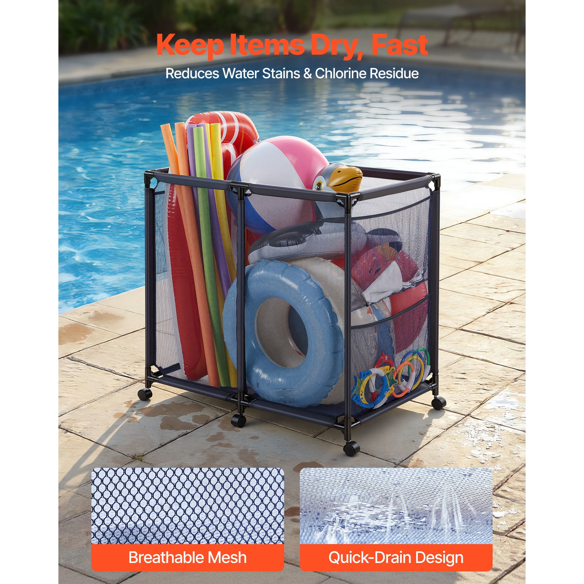 KFFKFF Pool Storage Bin, 36.8 x 24 x 35.6 in, Rolling Organizer with Side Pockets & Casters, Durable Metal Frame, Poolside Holder for Toys, Noodles, and Mesh Basket for Swimming Areas