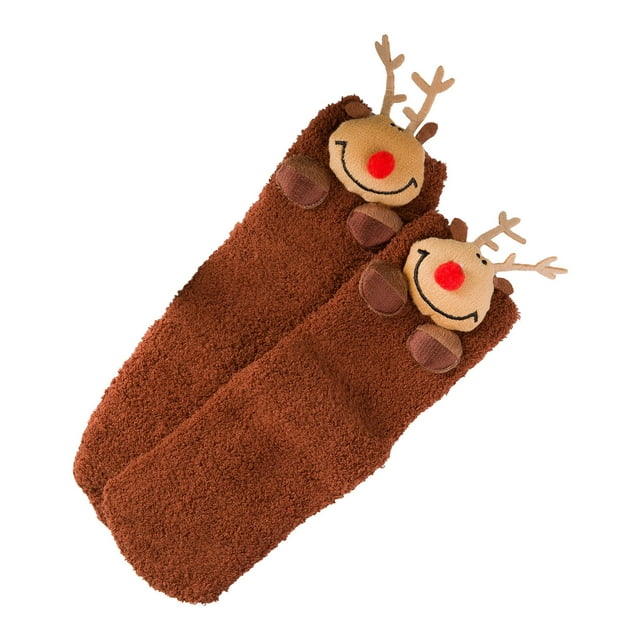 calcetines antideslizantes de navidad para mujer, calcetines de suelo para el hogar, calcetines cálidos de lana coral para padres e hijos, par marrón Fridja con vista frontal centrada de textura mullida de lana coral, detalle antideslizante visible en la suela, adorno superior de reno de peluche con nariz roja y cuernos, talla única 30-44, uso en casa e ideal para regalo; también suelen usarse para mantener los pies abrigados durante viajes cortos.