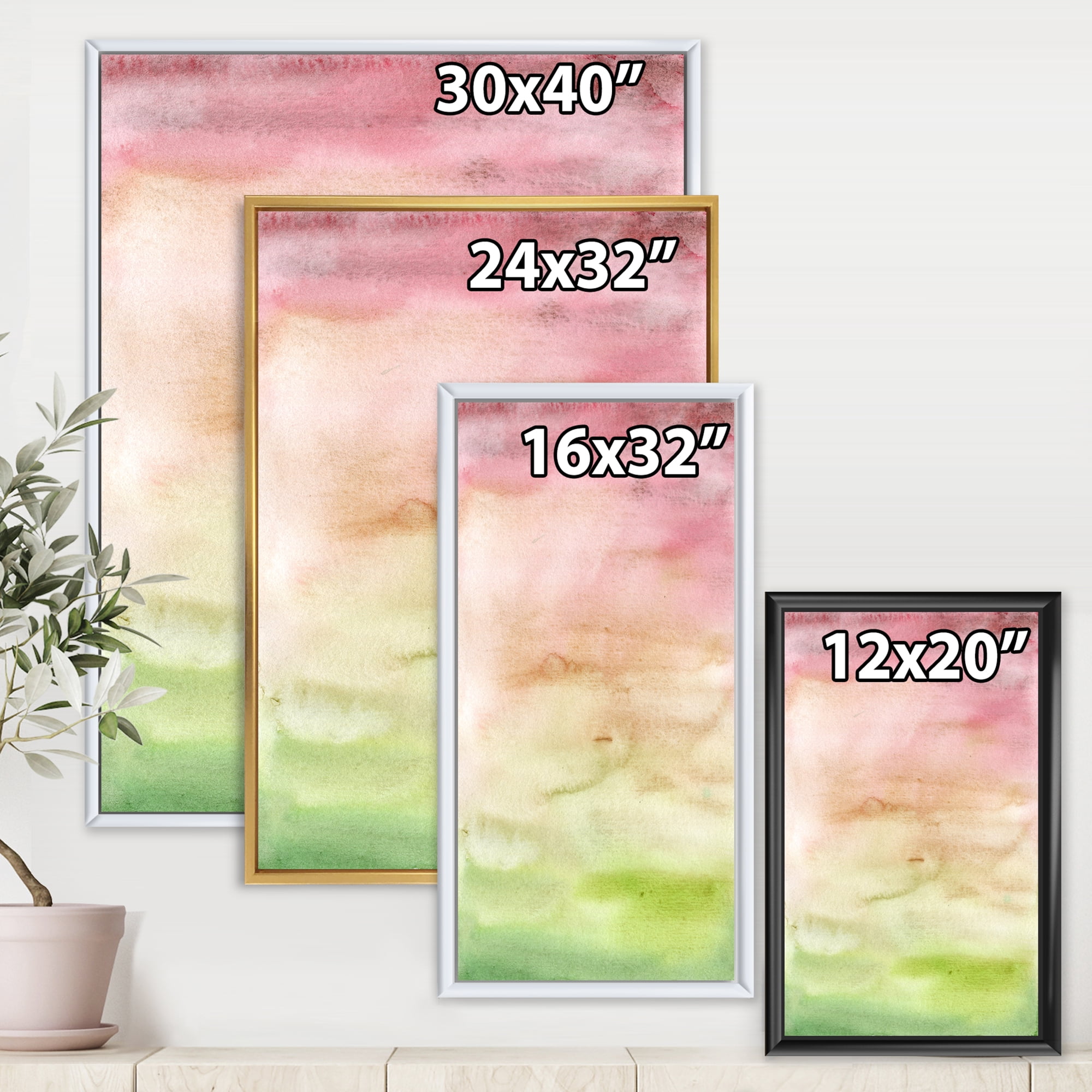 Designart 'Abstract Sunset With Pink Green and Beige' Modern Framed Canvas Wall Art Print