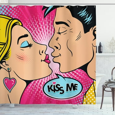 Kiss Me Shower Curtain, Young Couple Kissing Pop Art Style Vintage Drawing with Halftone Circles Backdrop, Fabric Bathroom Set with Hooks, 69W X 84L Inches Extra Long, Multicolor, by Ambesonne