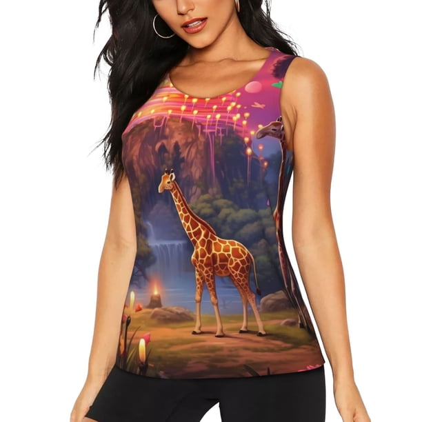 Fotbe Lantern Giraffes Magical Forest Blusas Sin Mangas para Mujer – Estilo Casual, Corte Suelto, Slim-Fit, Cuello Redondo Deportivo, Tops de Verano para Gimnasio y Yoga-XX-Large