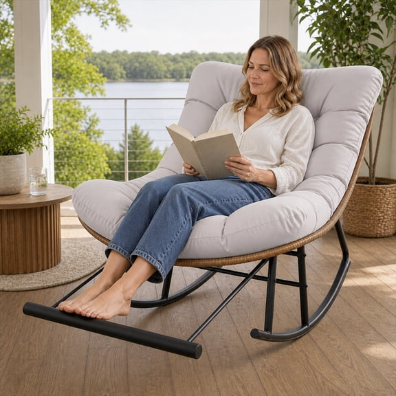 CLOUDREST PRO Outdoor Papasan Rocking Chair with Retractable Footrest, Oversized Wicker Patio Lounge Rocker with Thick Cushion and Steel Frame, 450 lb Capacity, Indoor Outdoor, Beige