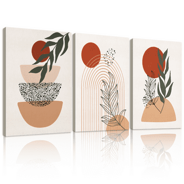 SHENIFY 12x16in3pcs Boho Wall Art Red Sun Mid Century Modern Decor Minimalist Bohemian Bedroom Decor Abstract Geometry Canvas Prints Ready To Hang for Bathroom
