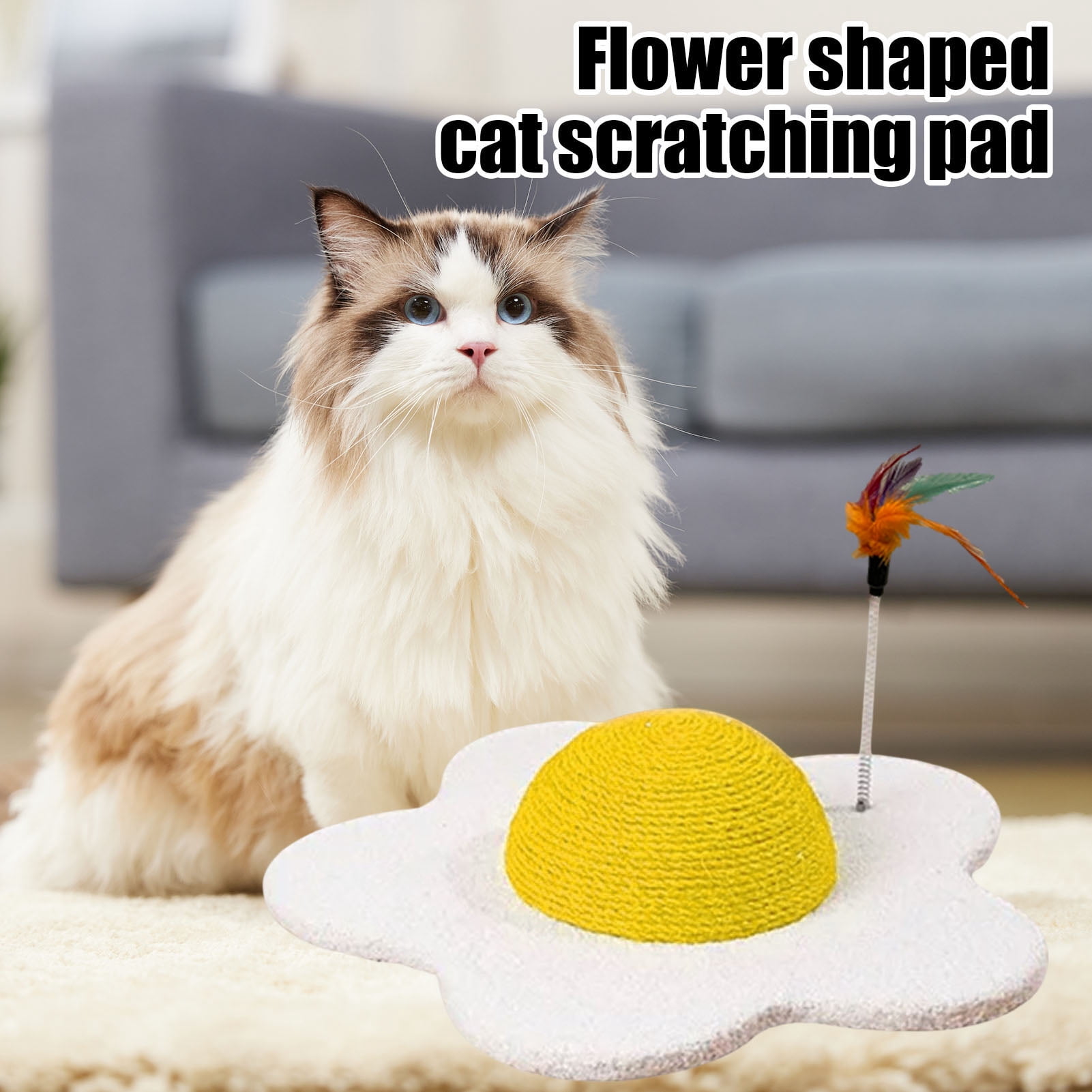 YIFAEUX Cat Scratch Pad Flower Shape Sisal Rope Cat Scratcher Interactive Floor Cat Scratching Board with Spring Plush Bee for Furniture Protector