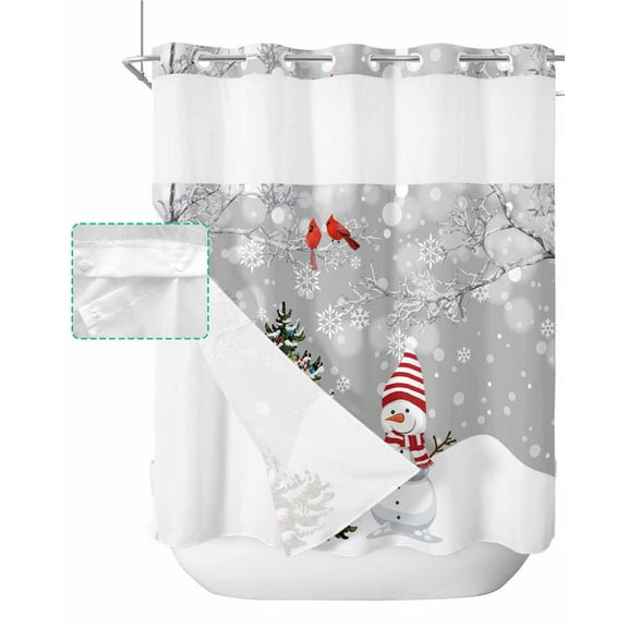 No Hook Shower Curtain with Snap in Liner, Christmas Winter Snowman Xmas Tree Grey Snowflake Robin Bird Shower Curtains for Bathroom, Washable Shower Curtain Liner Set with Mesh Top Window, 72"x72"