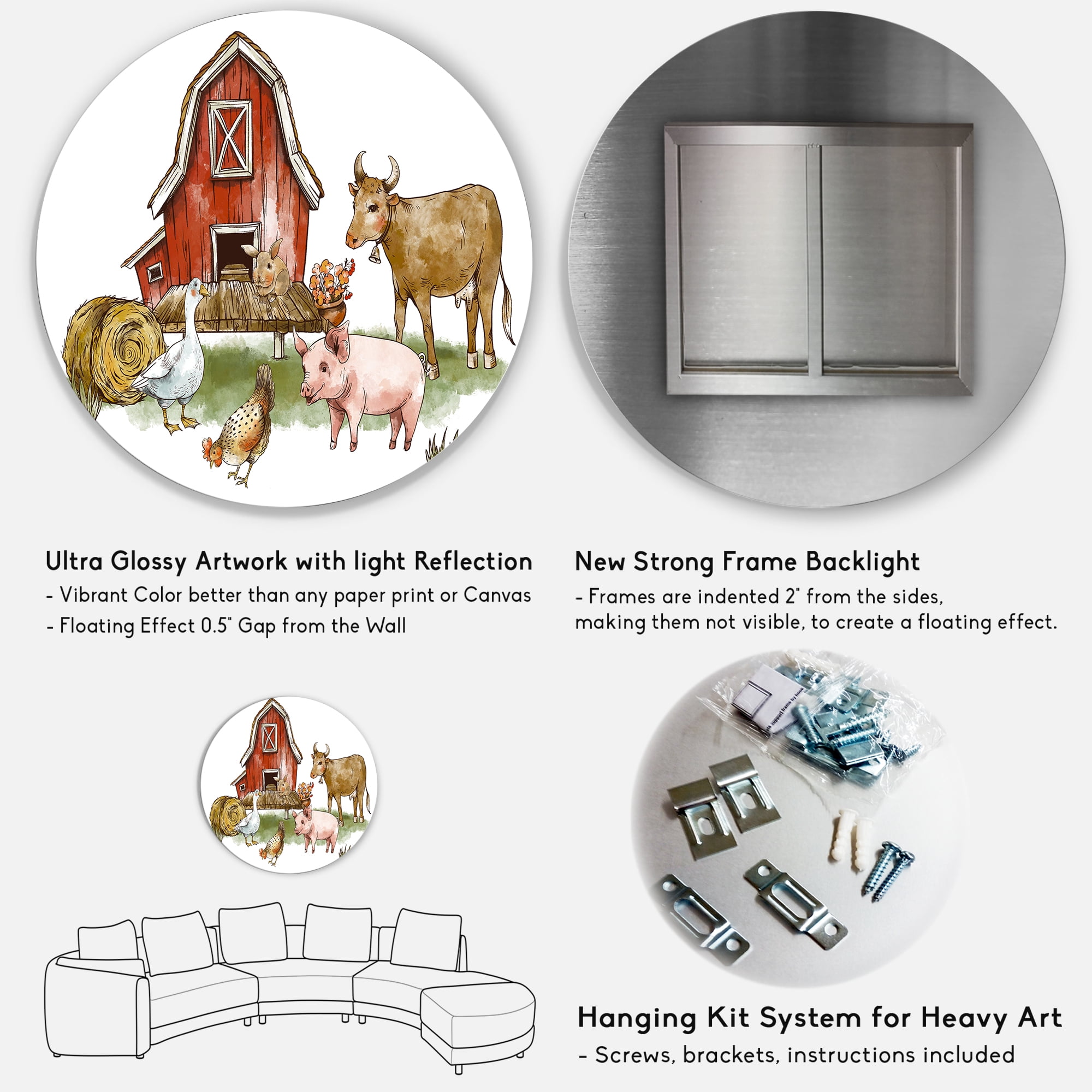 Designart 'Farm House With Goose Cow Pig Chicken and Haystack' Rustic Circle Metal Wall Art 36x36 - Disc of 36