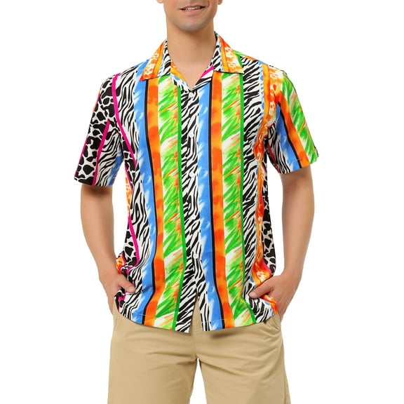 MODA NOVA Big & Tall Men's Summer Leopard Printed Short Sleeves Beach Shirt Green Orange 2XLT