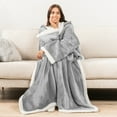 thumbnail image 2 of PAVILIA Sherpa Fleece Blanket with Sleeves Women Men Adult, Wearable Blanket Warm Soft Plush Thick, Snuggle Pocket Sleeved TV Throw Wrap, Cozy Ideas Mom Wife, Light Gray, 2 of 9