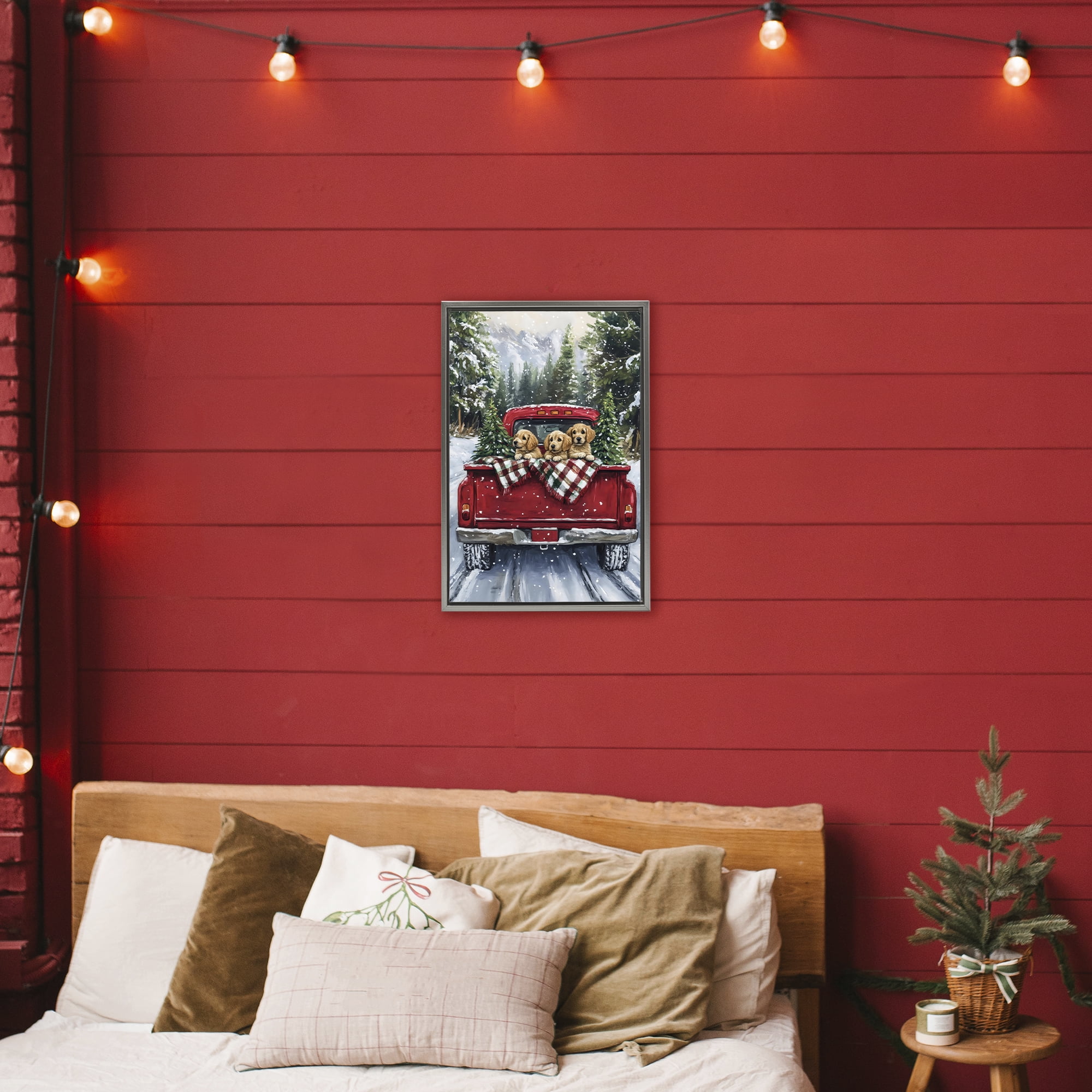 Golden Pups Christmas Truck Gray Framed Floater Canvas Wall Art, design by Petal Prints Design