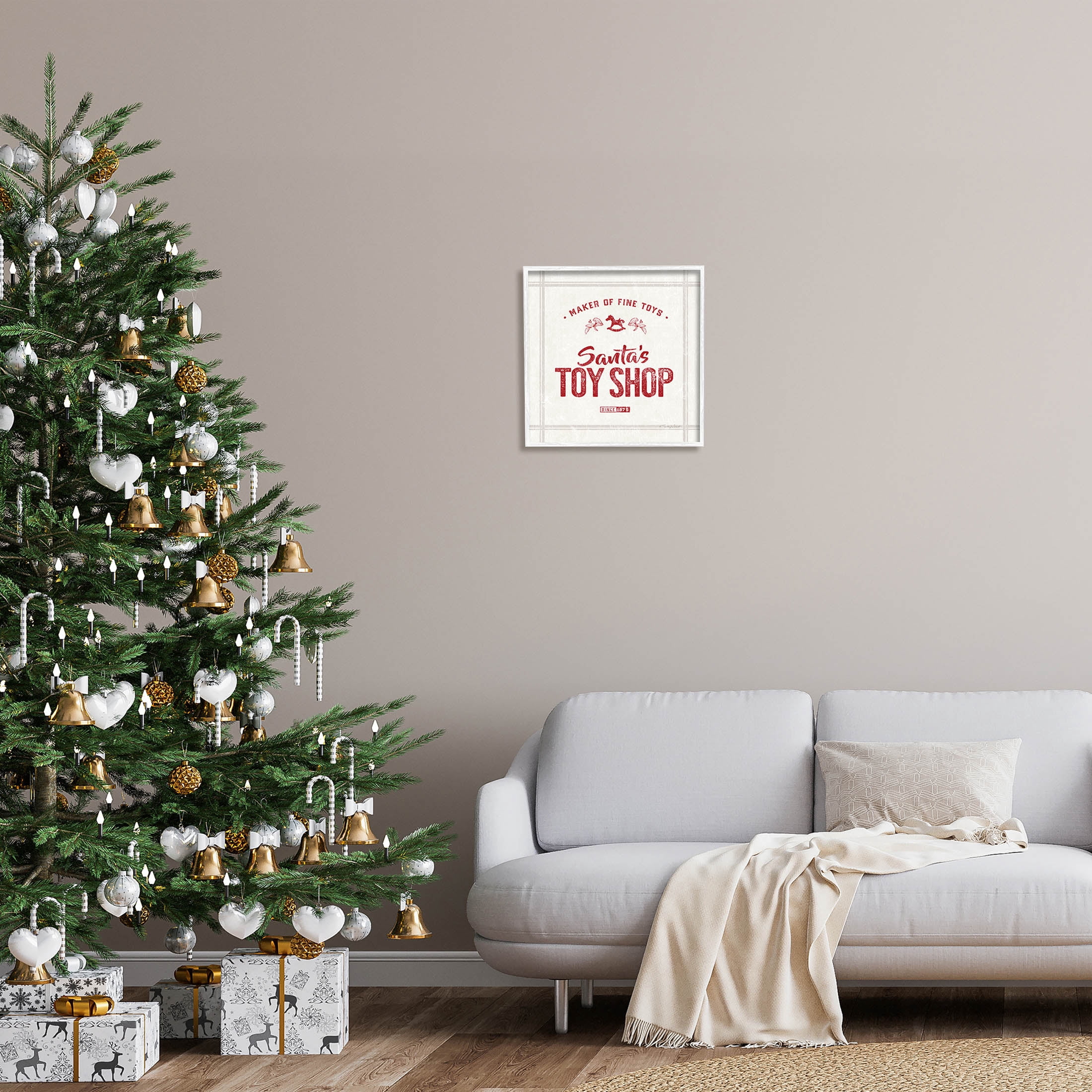 Santa's Toy Shop Vintage Sign Holiday Graphic Art White Framed Art Print Wall Art