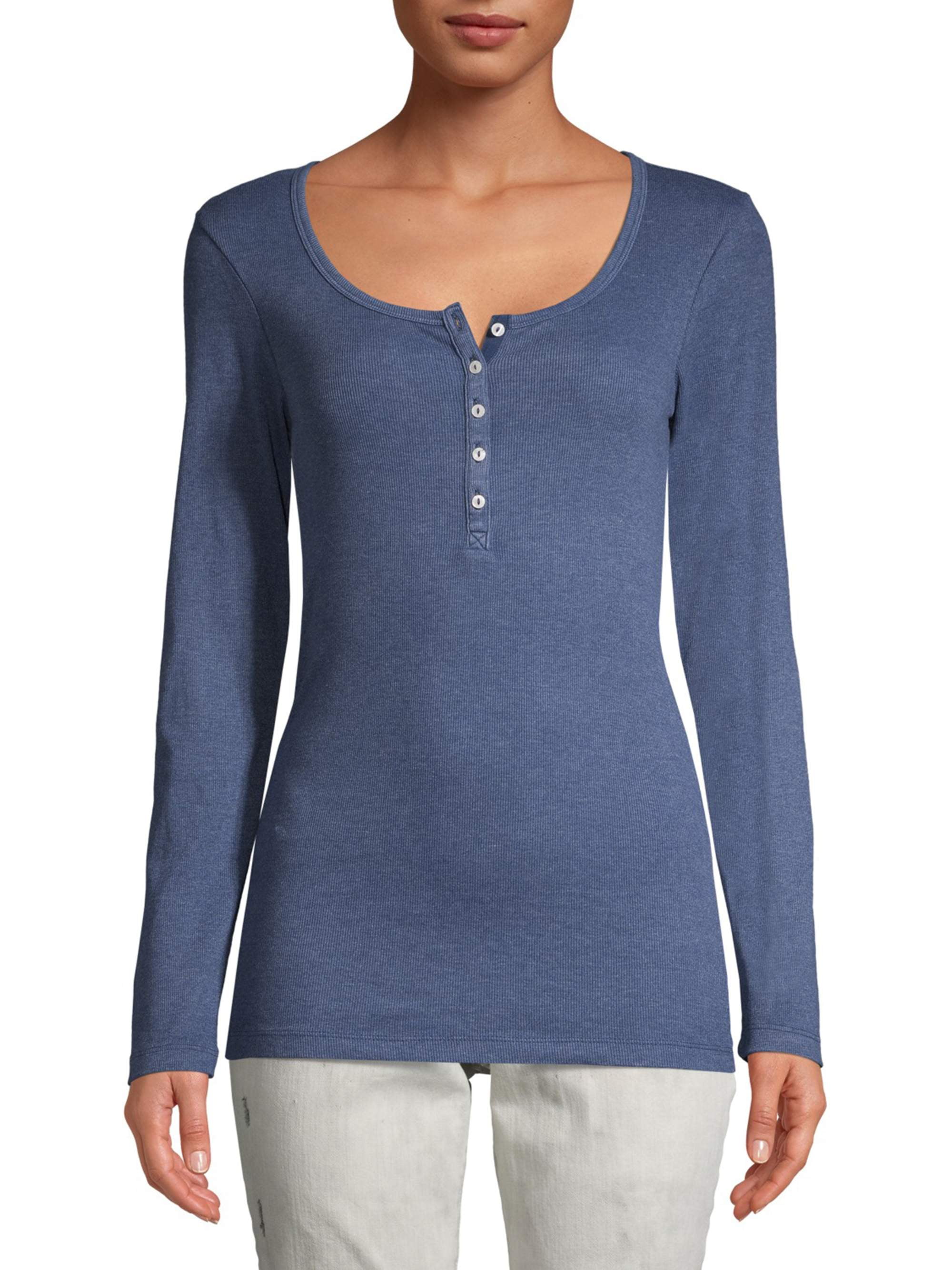 Womens Long Sleeve Henley Tops Round Neck Slim Fit Shirts Button Ribbed Knit Casual Tees