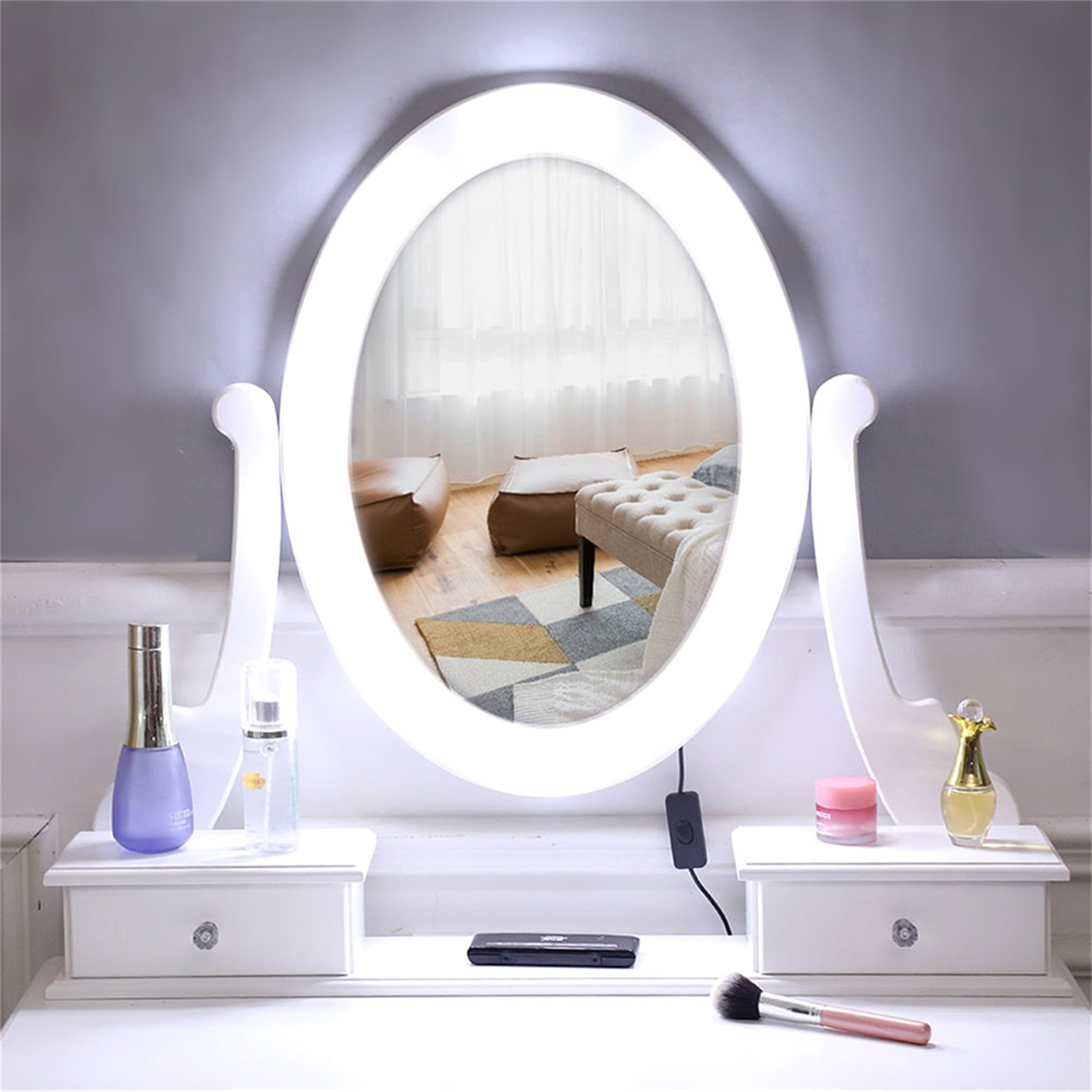 Kadyn Vanity Table and Chair Set with Light Bulb, Make Up Vanity Desk with 5 Drawer, White