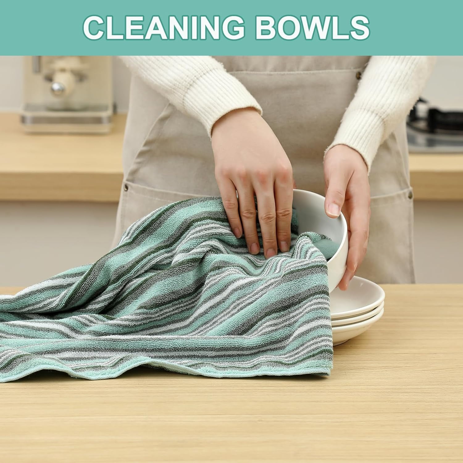 KitchenKey Premium Cotton Kitchen Dish Towels for Drying Dishes,Large Long Kitchen Hand Towels, Thick Highly Absorbent Dish Clothes Tea Towel Sets with Hanging Loop, 16" X 26", 4 Pcs, Green