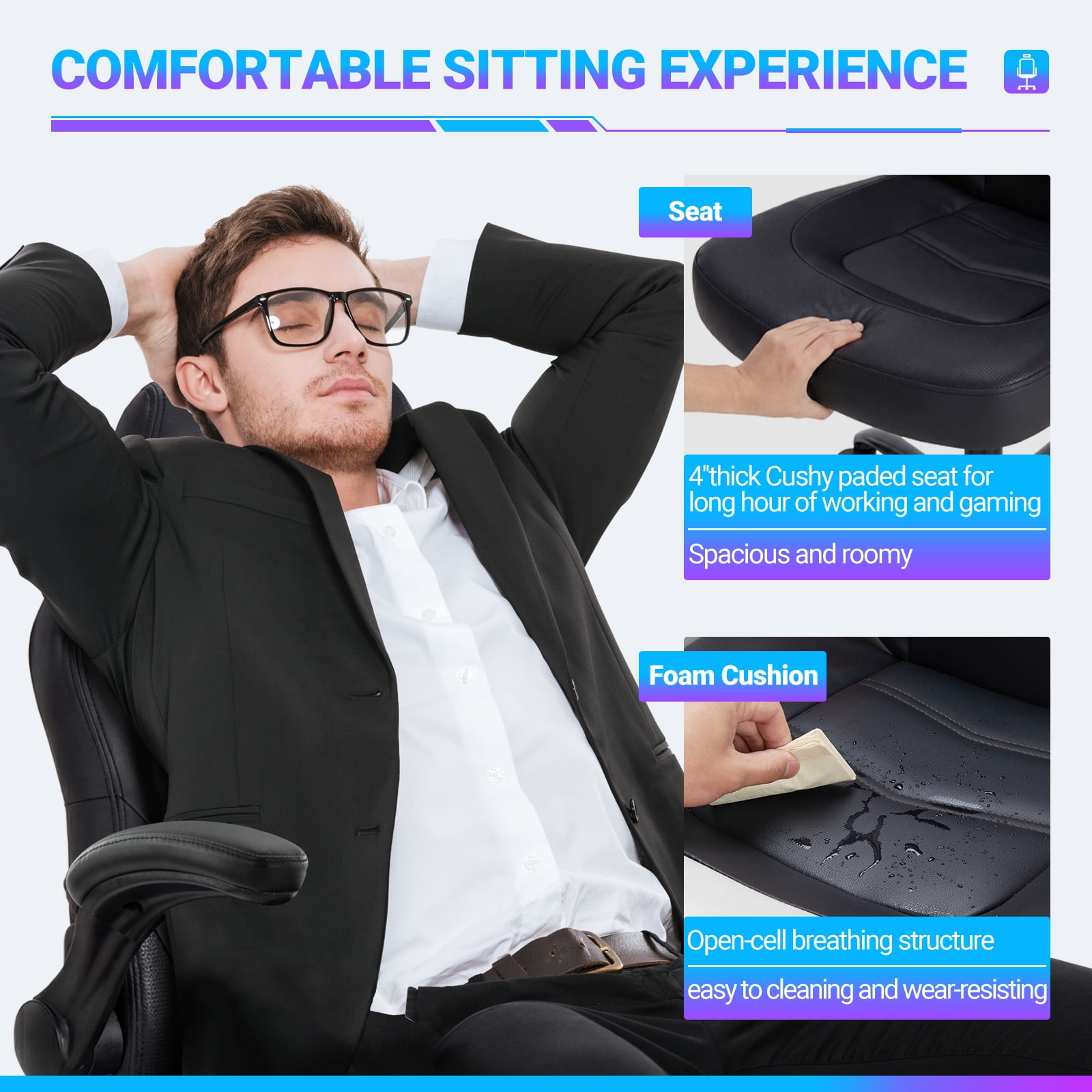 EDX Ergonomic Gaming Chair with PU Leather, Adjustable Swivel Computer & Office Desk Chair with Flip-Up Armrests, Black