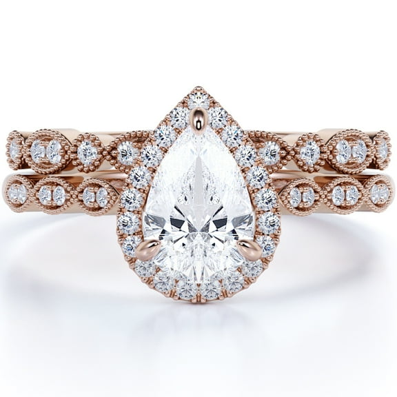 JeenMata Unique 1.5 Carat Pear Cut Moissanite Wedding Ring Set in 18k Gold Over Silver