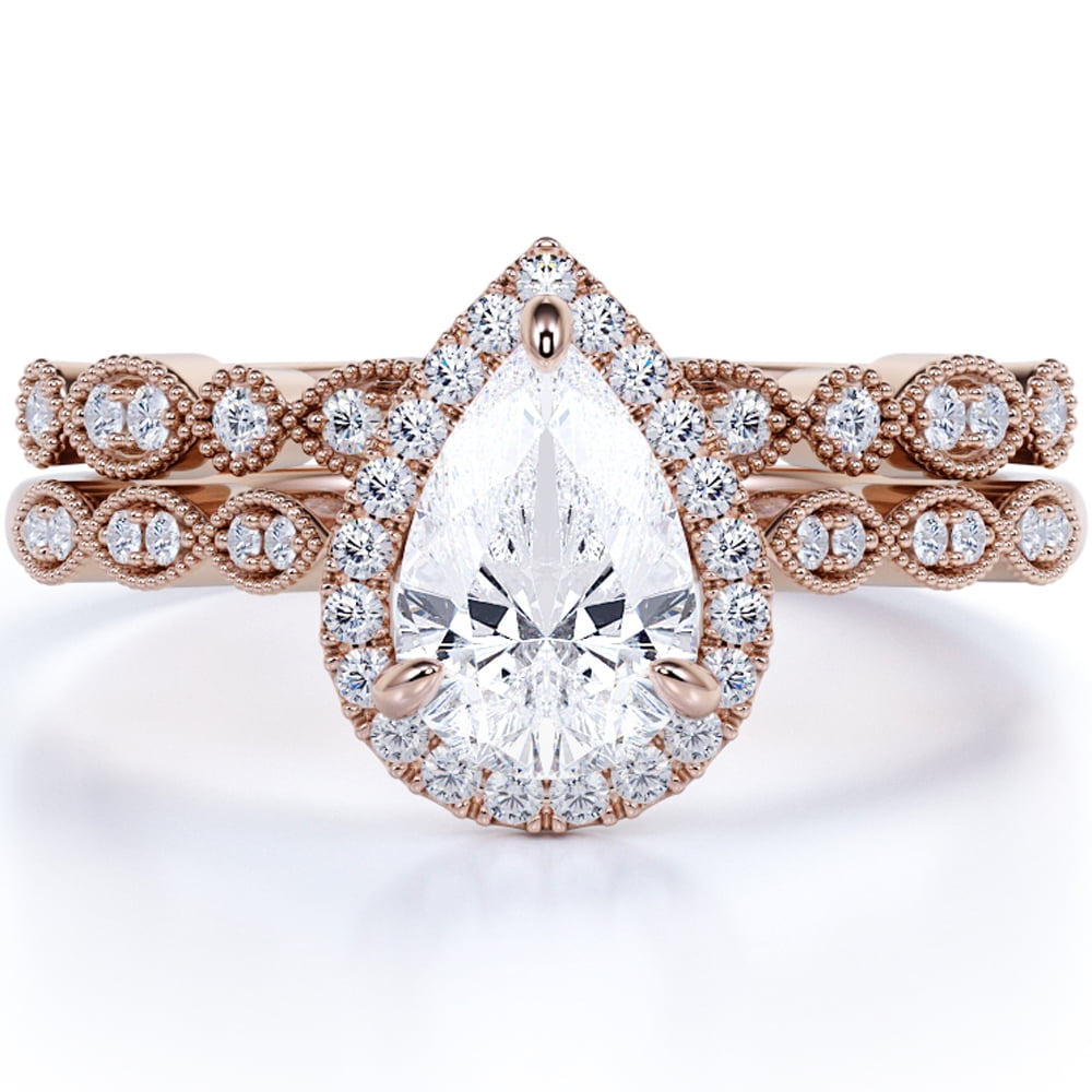 JeenMata Unique 1.5 Carat Pear Cut Moissanite Wedding Ring Set in 18k Gold Over Silver