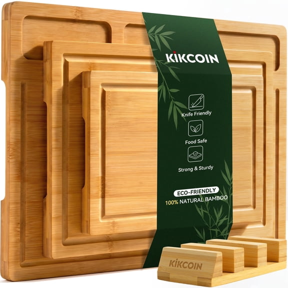 Kikcoin 4-Piece Bamboo Cutting Board Set with Storage Stand, Natural Bamboo Cutting Boards for Kitchen, Reversible Chopping Serving Tray