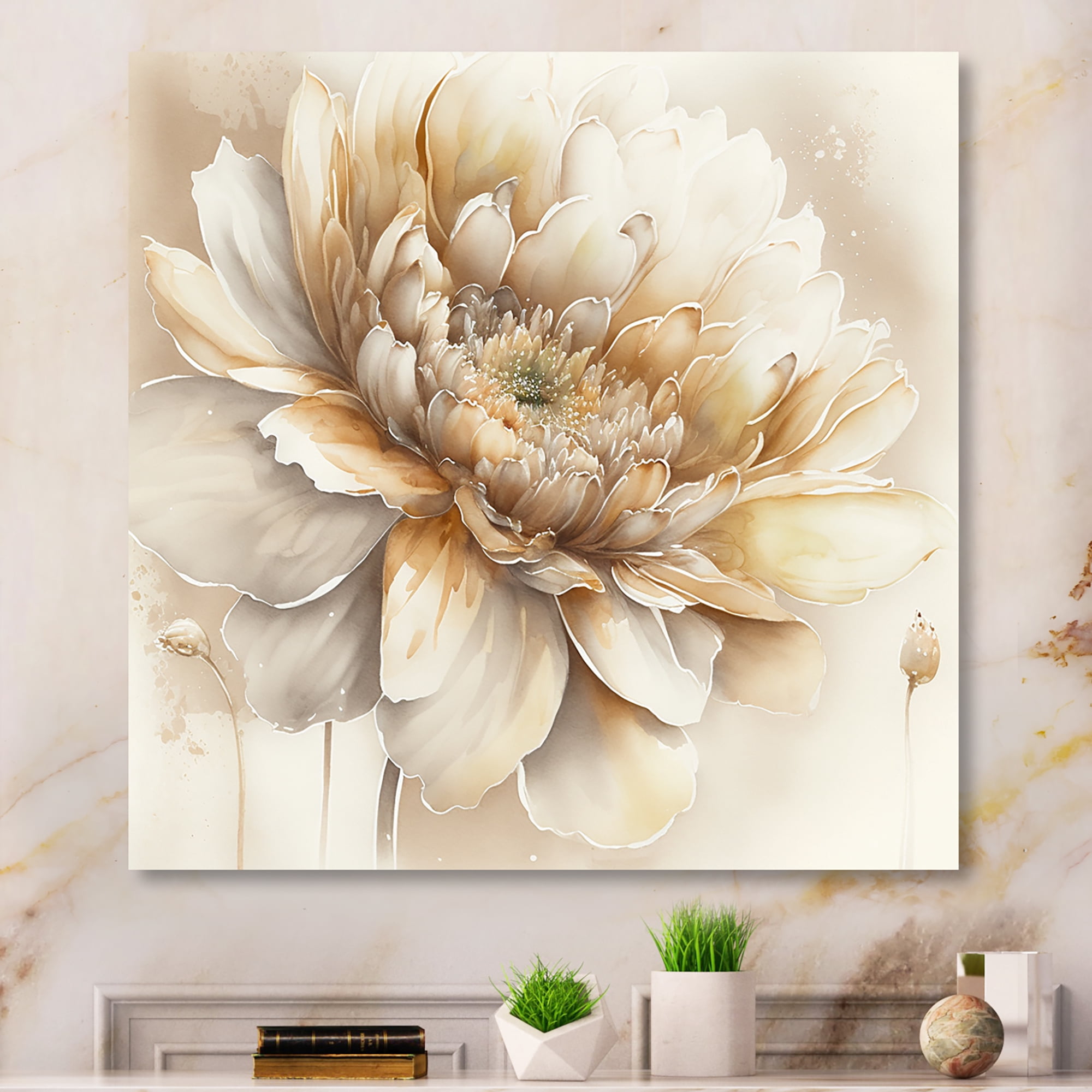 Designart Single Beige Flower V Canvas Wall Art