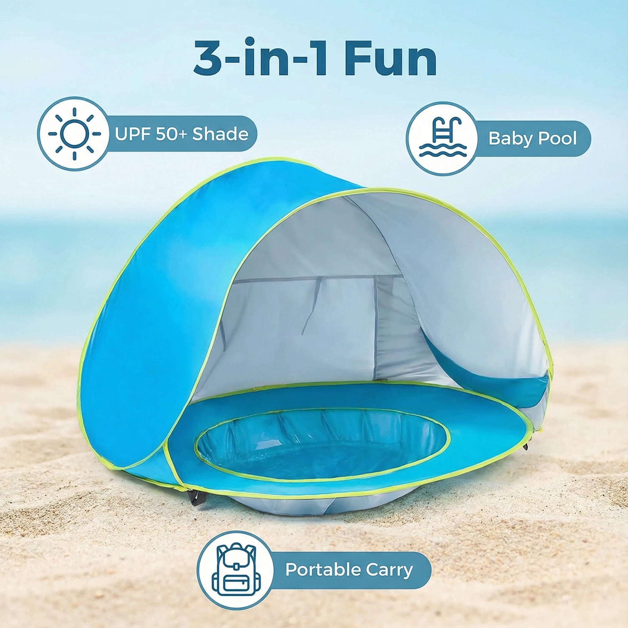 PigPigPen Baby Beach Tent Pop up Sun Shelter with UV Protection, Waterproof and Built-In Pool, Blue