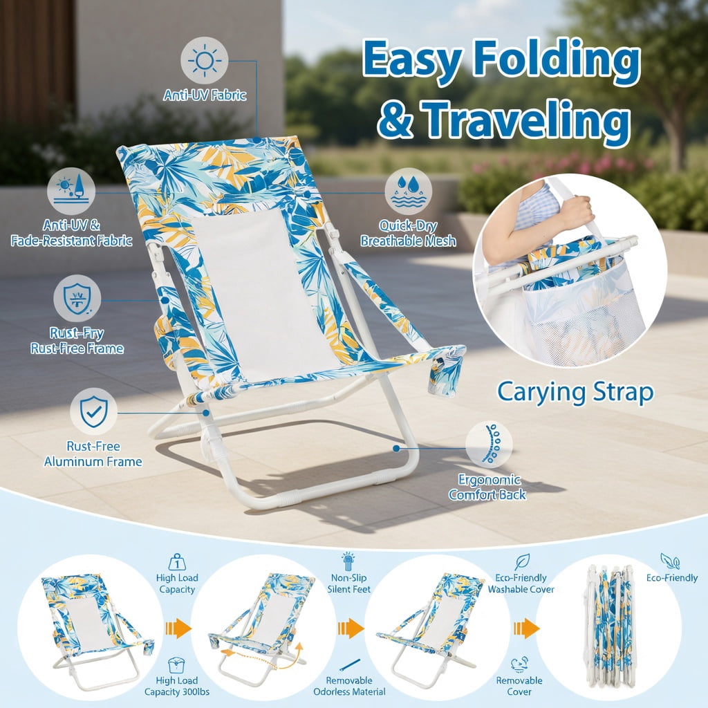 Hommoo 2-Pack Folding Low Beach Chairs with Padded Headrest, Breathable Mesh Back & Cup Holder， Outdoor Patio Sling Chairs for Sand, Lawn, Poolside, Blue