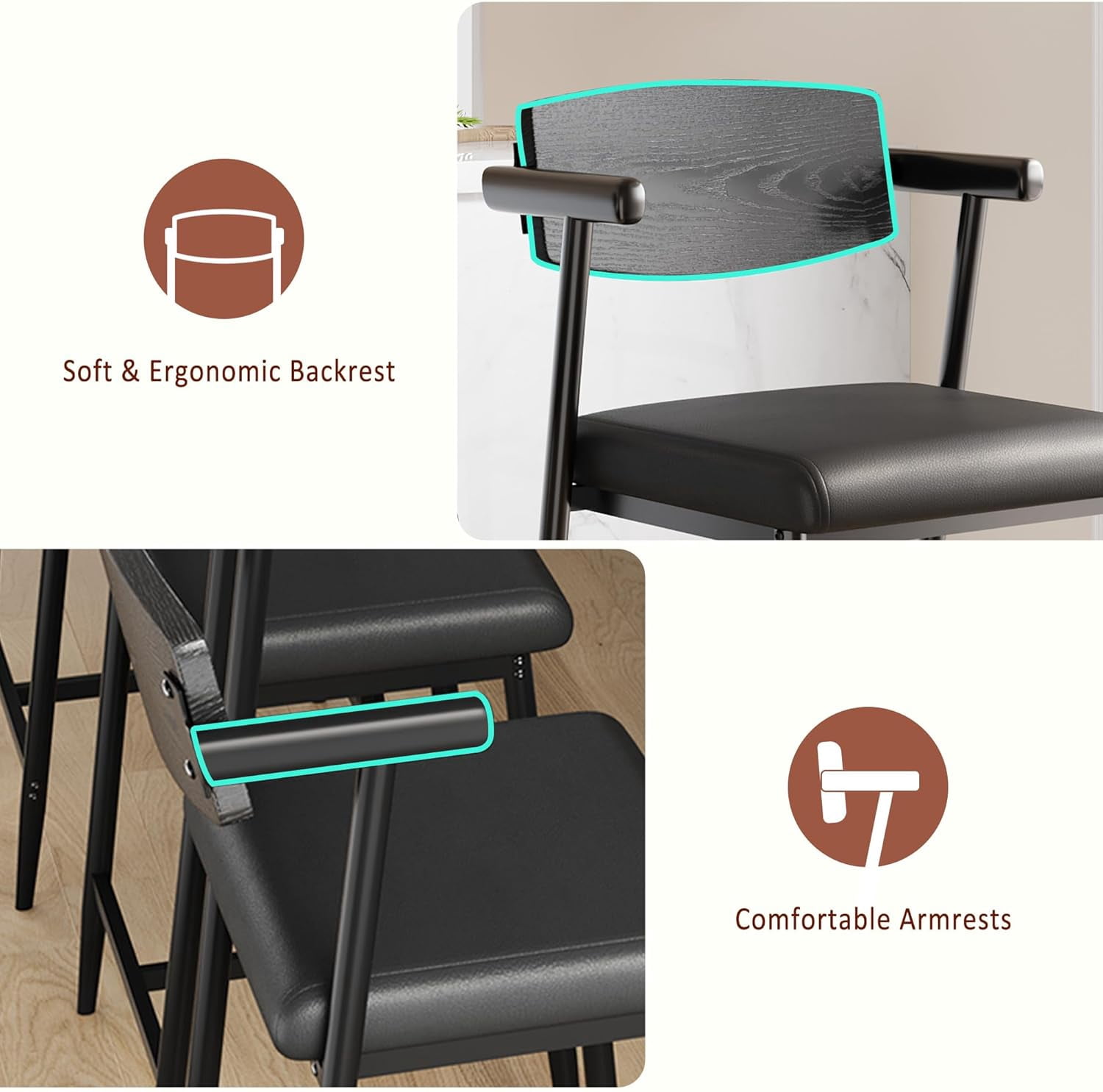 Juiluna Counter Height Bar Stools Set of 2 With Arms,26" Upholstered Bar Stools With Back, Wider Seat, Modern Bar Stools Set With Footrest for Kitchen Island, Counter Bar,Easy Assembly,Black/Brown