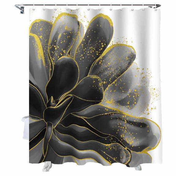 Shower Curtain Black Watercolor Floral Shower Curtains for Bathroom Bathtub, Waterproof Fabric Shower Curtain Set with Hooks, Extra Long 72" x 78" Golden Lines