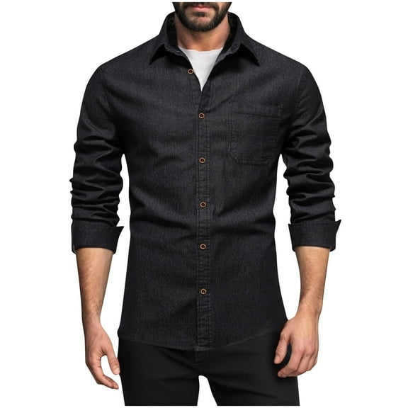 Shirt Men Long Sleeve Western Work Dress Shirts Casual Button Down Denim Blouses with Pocket Black XXXL