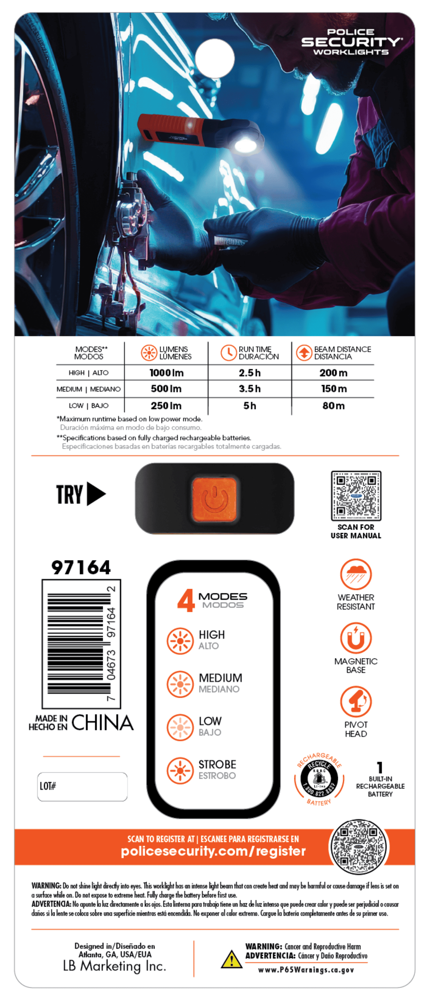 Police Security Power Pro 1000 Lumens High-Viz Rechargeable Worklight