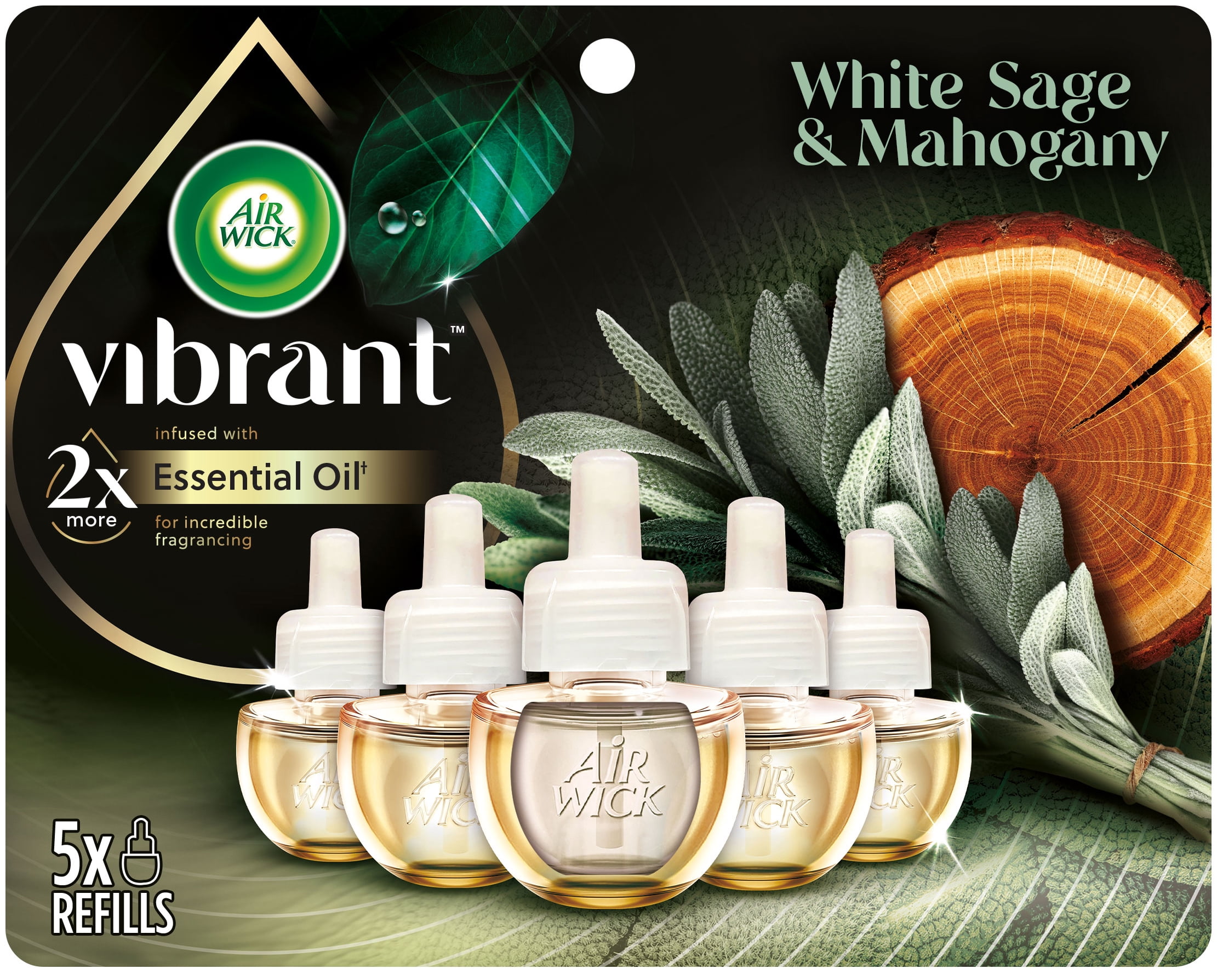 Air Wick Vibrant Plug in Scented Oil Refill, 5ct, White Sage & Mahogany, Air Freshener, Essential Oils